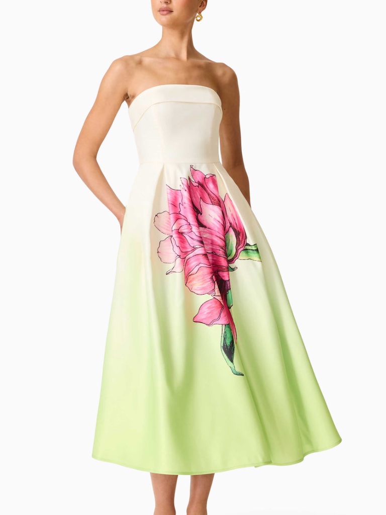 Elliatt Elisia Strapless Gown Pink Green Floral Flower Satin - Size Small